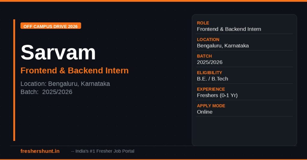 Sarvam Off Campus Drive 2026 - Sarvam Internship 2026 | Exciting Frontend & Backend Intern Roles | Bengaluru — Apply Now