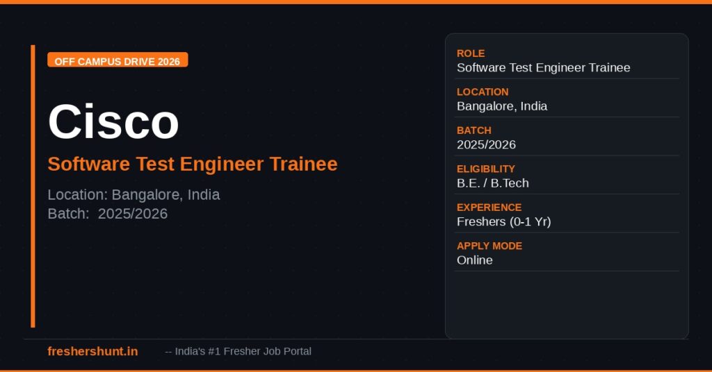 Cisco Systems Off Campus Drive 2026 - Cisco Off Campus Drive 2026 | Software Test Engineer Trainee | Bangalore — Apply Now