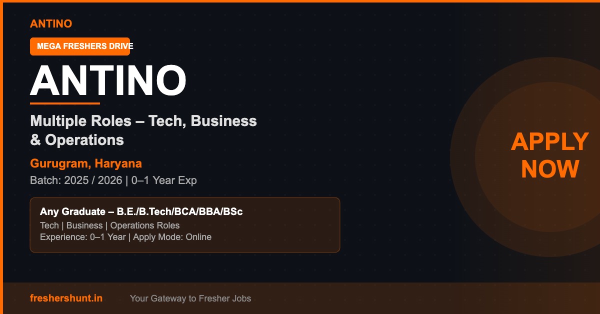 Antino Off Campus Drive 2026 - Antino Freshers Hiring Drive 2026 | Multiple Roles | Gurugram — Apply Now
