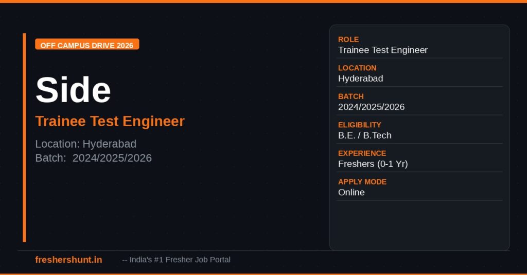 Side (sideinc.com) Off Campus Drive 2026 - Side Off Campus Drive 2026 | Trainee Test Engineer | Hyderabad — Apply Now