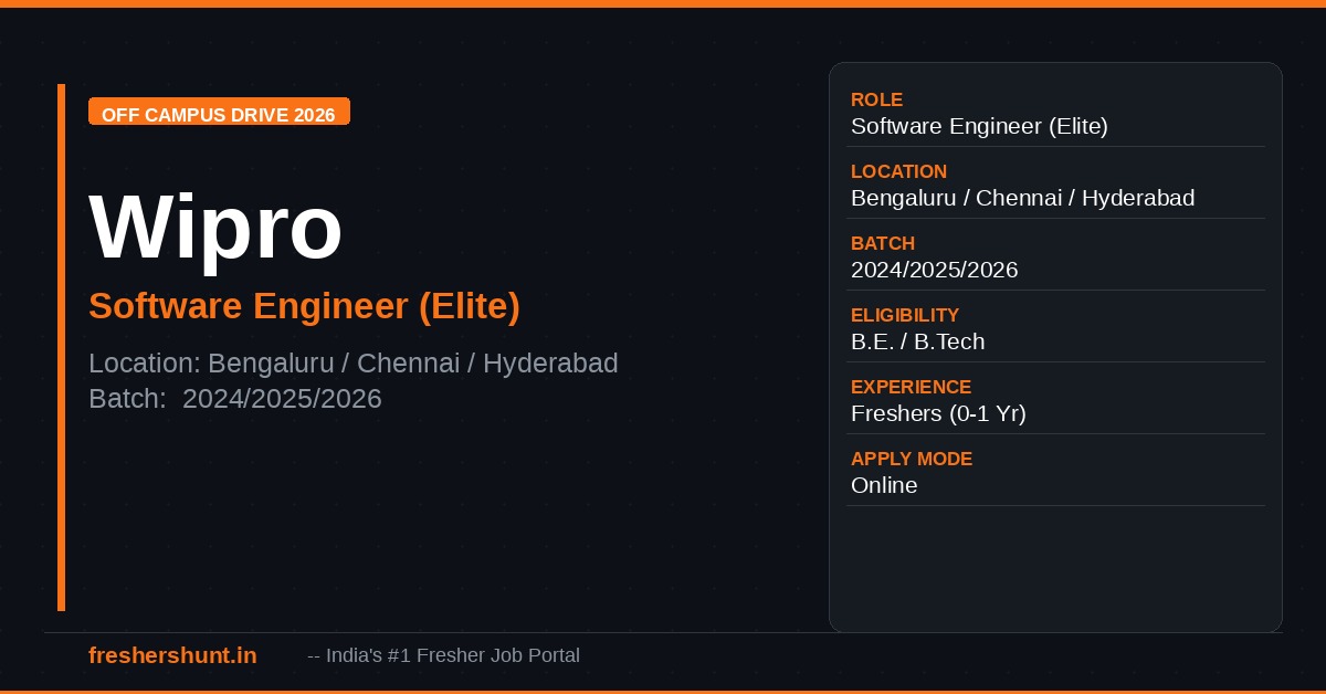 Wipro Limited Off Campus Drive 2026 - Wipro Off Campus Drive 2026 | Software Engineer (Elite) | Bengaluru, Chennai, Hyderabad — Apply Now