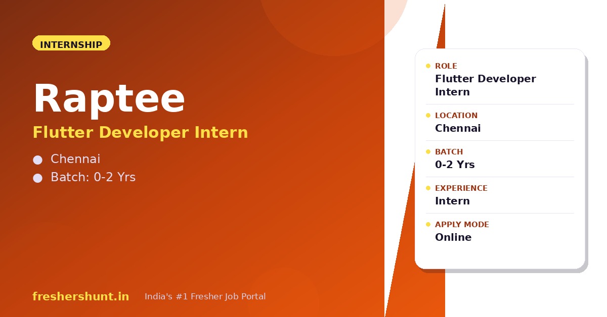 Raptee Off Campus Drive 2026 - Raptee Flutter Developer Internship 2026 | Intern | Chennai — Apply Now