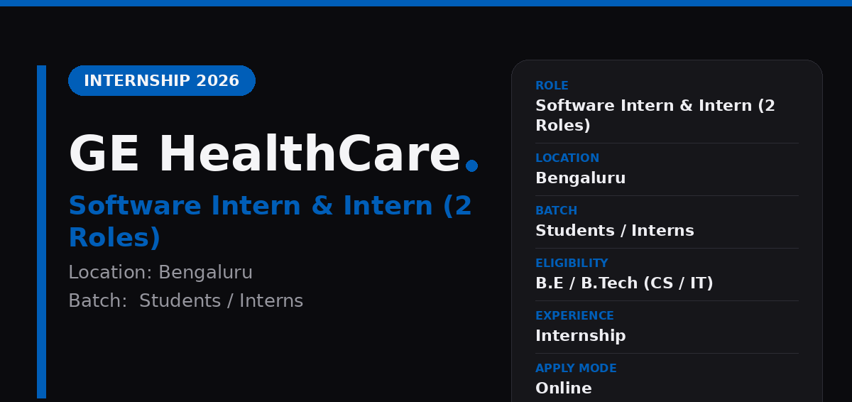 GE HealthCare Off Campus Drive 2026 - GE Healthcare Internship 2026 | Software Intern + Intern | Bengaluru — Apply Now
