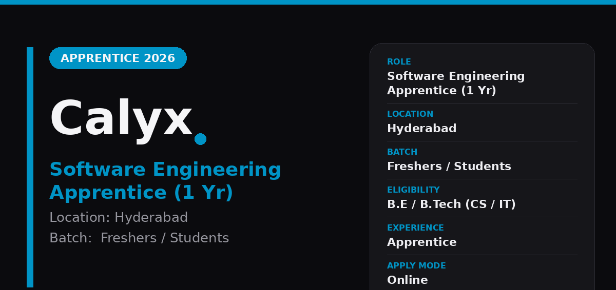 Calyx Off Campus Drive 2026 - Calyx Software Engineering Apprentice 2026 | Hyderabad — Apply Now