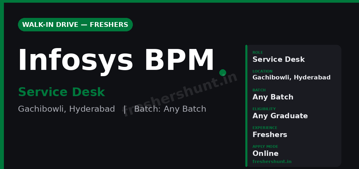 Infosys BPM Off Campus Drive 2026 - Infosys BPM Walk-in Drive 2026 | Service Desk (100 Openings) | Gachibowli, Hyderabad — Direct Walk-in