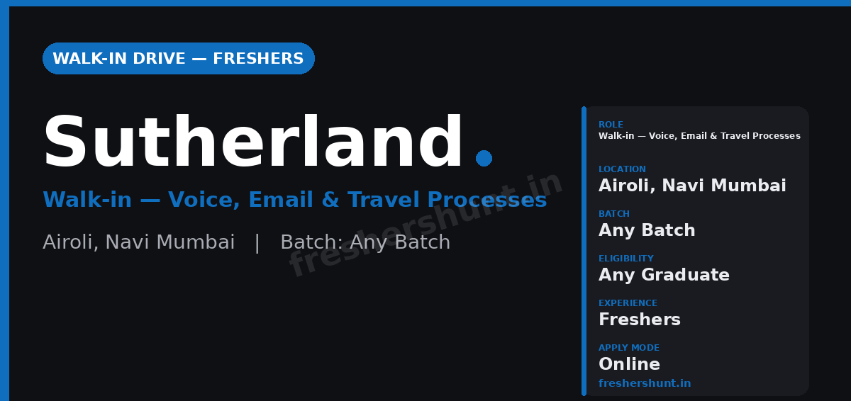Sutherland Off Campus Drive 2026 - Sutherland Walk-in Drive 2026 | 5 Fresher Processes | Airoli, Navi Mumbai — Direct Walk-in