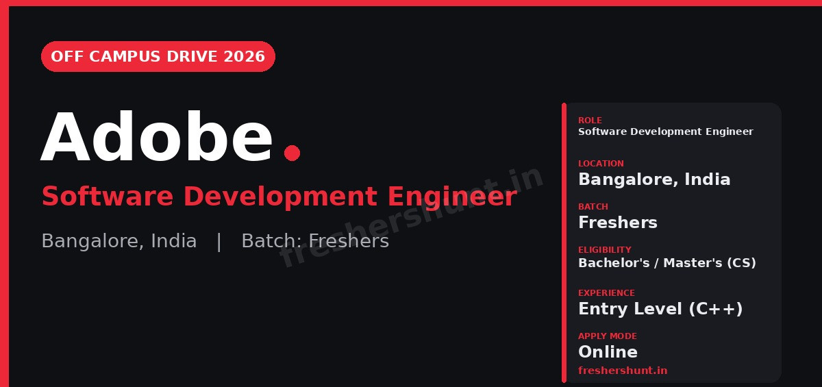 Adobe Off Campus Drive 2026 - Adobe Software Engineer 2026 | Premiere Pro (SDE) | Bangalore — Apply Now