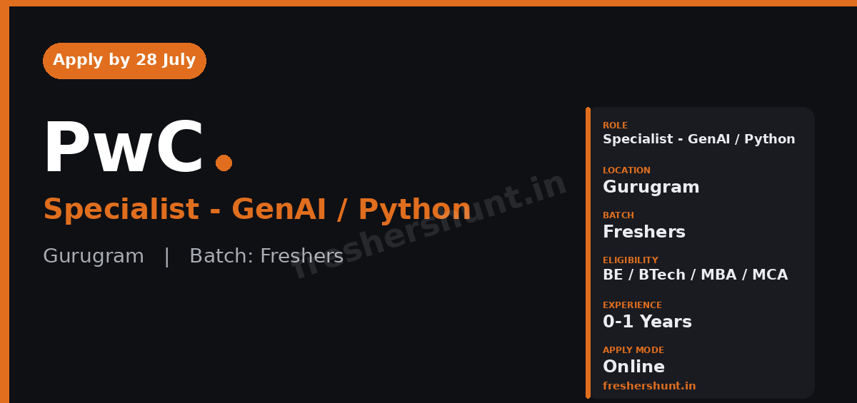 PwC Off Campus Drive 2026 - PwC GenAI Python Specialist 2026 | Freshers | Gurugram — Apply Now