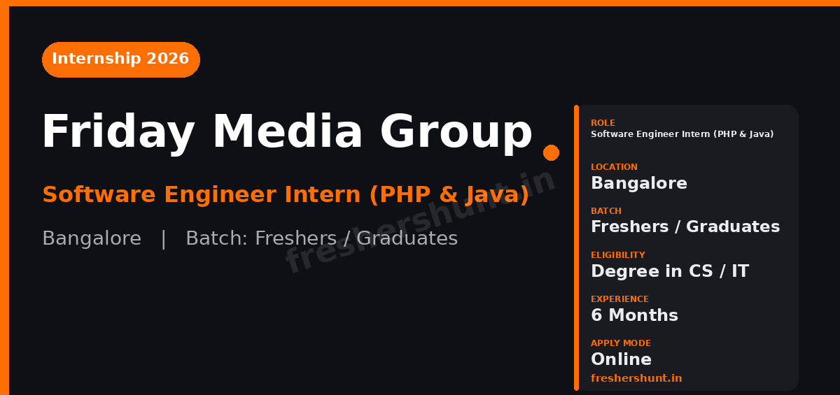 Friday Media Group Software Engineer Off Campus Drive 2026 - Friday Media Group Software Engineer Internship 2026 | PHP & Java | Bangalore — Apply Now