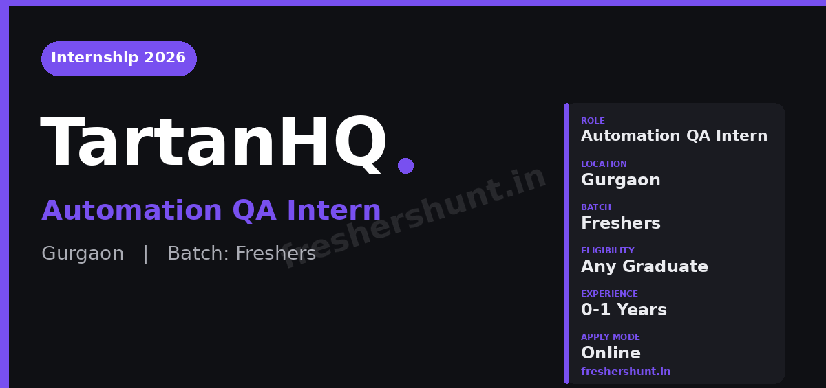 TartanHQ Automation QA Off Campus Drive 2026 - TartanHQ Automation QA Internship 2026 | Freshers | Gurgaon — Apply Now
