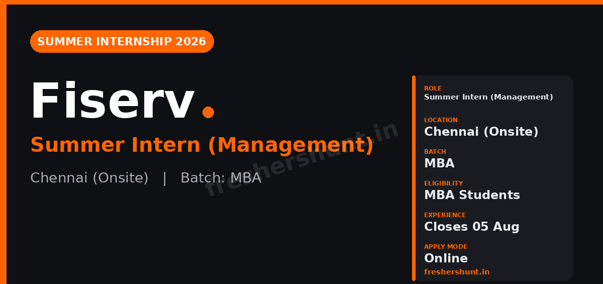 Fiserv Summer Off Campus Drive 2026 - Fiserv Summer Internship 2026 | Management Intern (MBA) | Chennai — Apply by 05 Aug