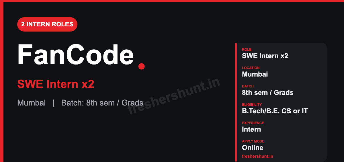 FanCode Off Campus Drive 2026 - FanCode Internship 2026 | 2 Software Engineer Intern Roles | Mumbai — Apply Now