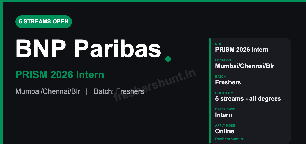 BNP Off Campus Drive 2026 - BNP Paribas PRISM 2026 | 5 Streams – IT, Finance, Operations, HR & Facilities | Mumbai, Chennai, Bengaluru — Apply Now
