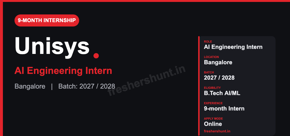 Unisys Off Campus Drive 2026 - Unisys AI Engineering Intern 2026 | 9-Month Programme, B.Tech AI/ML | Bangalore — Apply Now