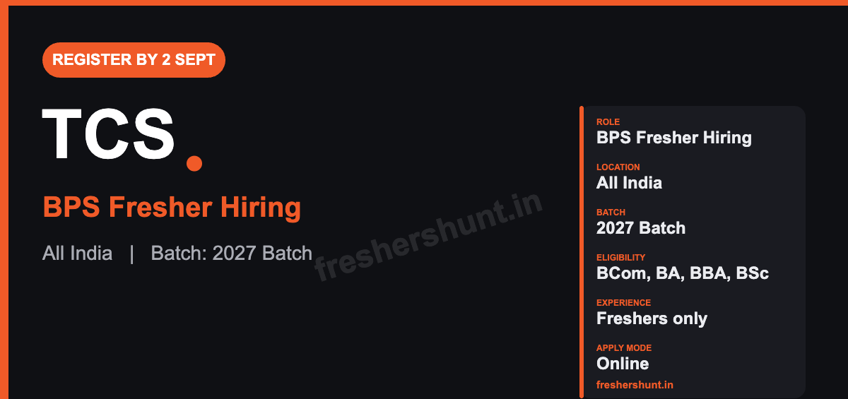 TCS BPS Off Campus Drive 2026 - TCS BPS Hiring 2027 | BCom, BA, BBA, BSc & 20+ Streams | 2027 Batch — Register by 2 Sept
