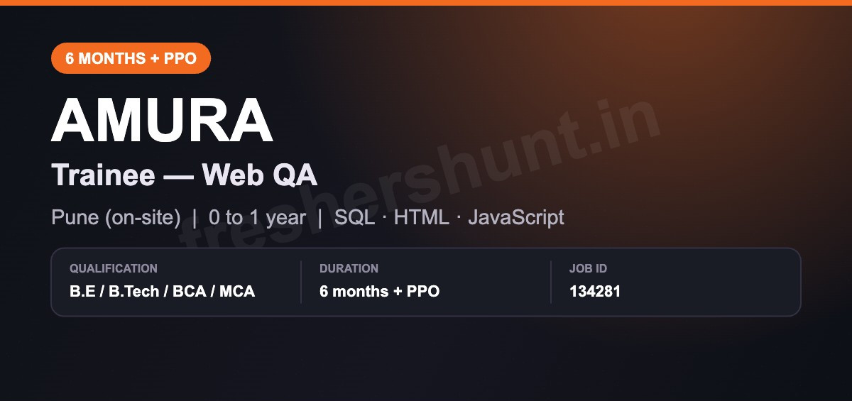 Amura Off Campus Drive 2026 - Amura Trainee Web QA 2026 | BCA, MCA or BTech, 6 Months + PPO | Pune
