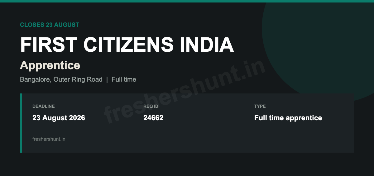 First Off Campus Drive 2026 - First Citizens India Apprentice 2026 | Bangalore | Closes 23 August