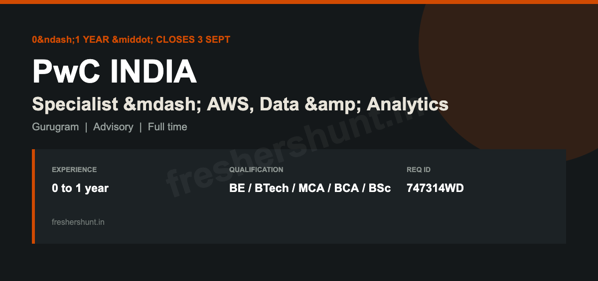 PwC Off Campus Drive 2026 - PwC Off Campus Drive 2026 | AWS Specialist, 0-1 Year | Gurgaon