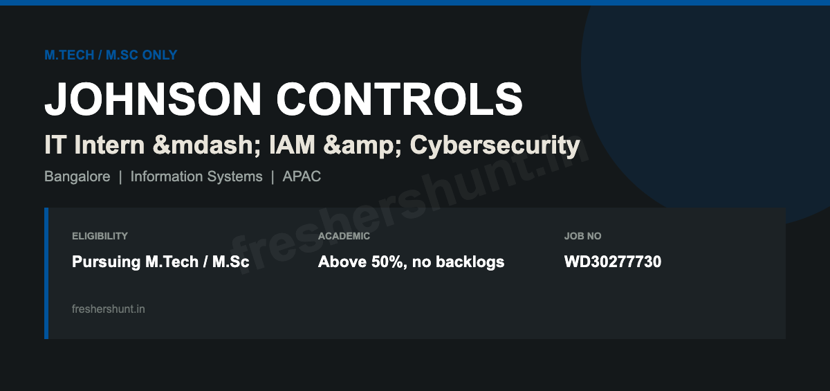 Johnson Off Campus Drive 2026 - Johnson Controls IT Intern 2026 | IAM & Cybersecurity | Bangalore